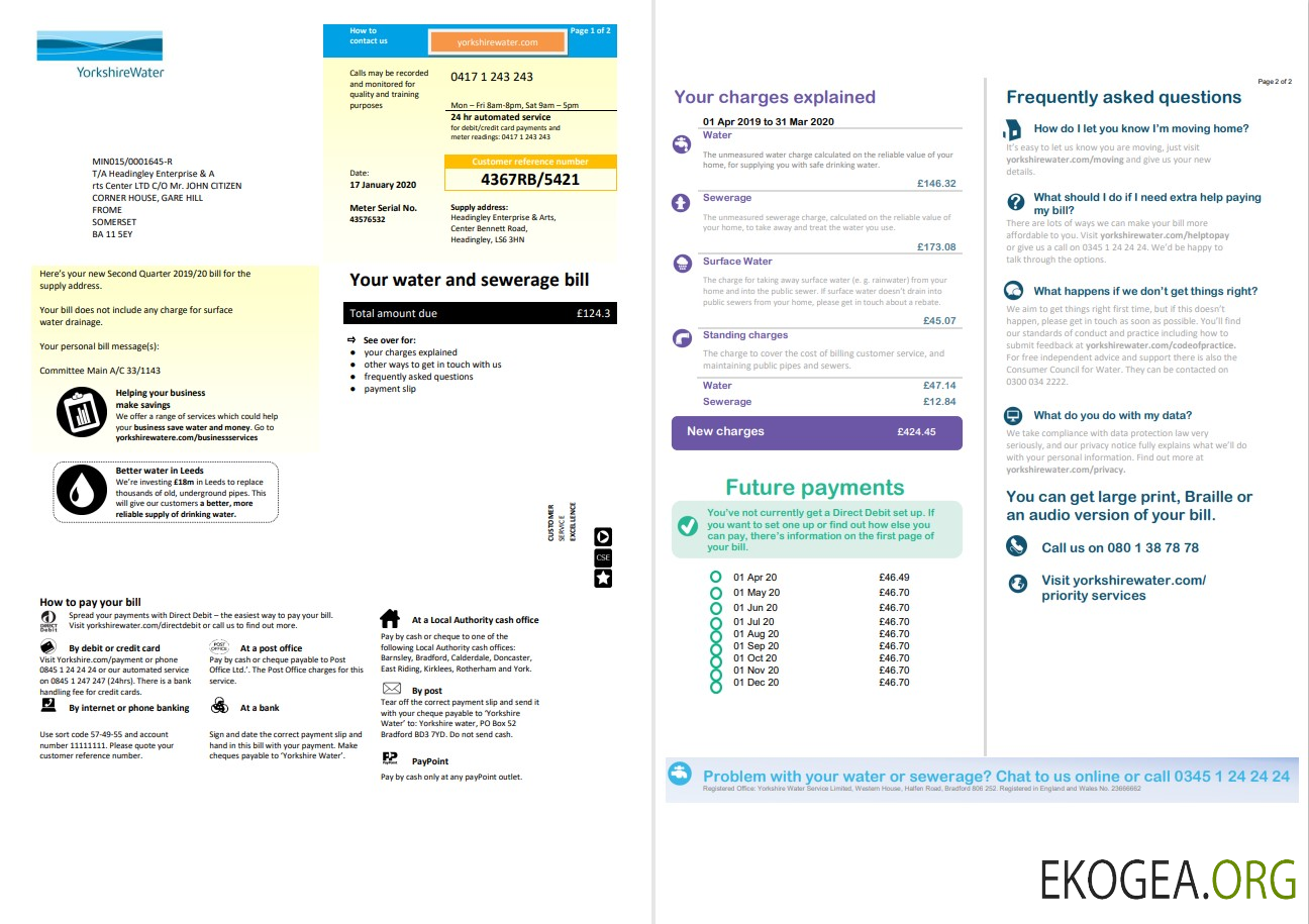 United Kingdom Yorkshire water utility bill template in Word and PDF format (2 pages)